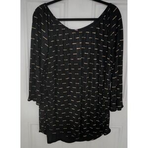 Amana Blouse Women's Long 3/4 Size Plus 2X  Lightweight Black Gold Accent Top